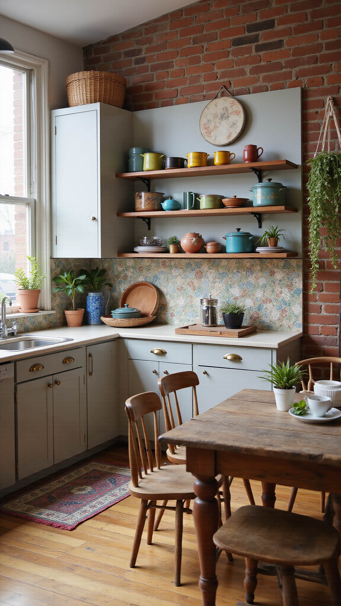 Eclectic kitchen with greige cabinets, exposed brick walls, recycled glass countertops, colorful enamelware on open shelves, patchwork tile backsplash, and a rustic dining area with mismatched chairs under warm ambient lighting.