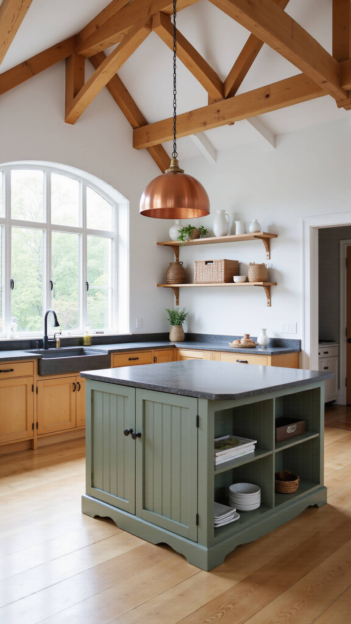 Spacious kitchen with vaulted ceilings, exposed wooden beams, sage green island, honey oak cabinets, and large bay windows letting in morning light.