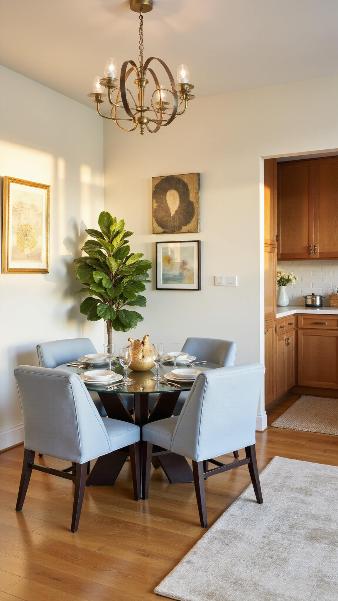 Cozy 10x12ft dining area with honey oak cabinets, glass-top round table, pale blue velvet chairs, mixed metal chandelier, abstract art on cream walls, and a fiddle leaf fig tree in warm golden hour light.