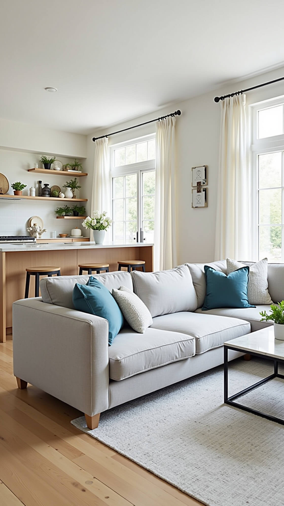 Bright open-concept living room and kitchen with light gray sectional, marble coffee table, honey oak and open shelving, blue and green accents, and sheer white curtains in airy midday light.