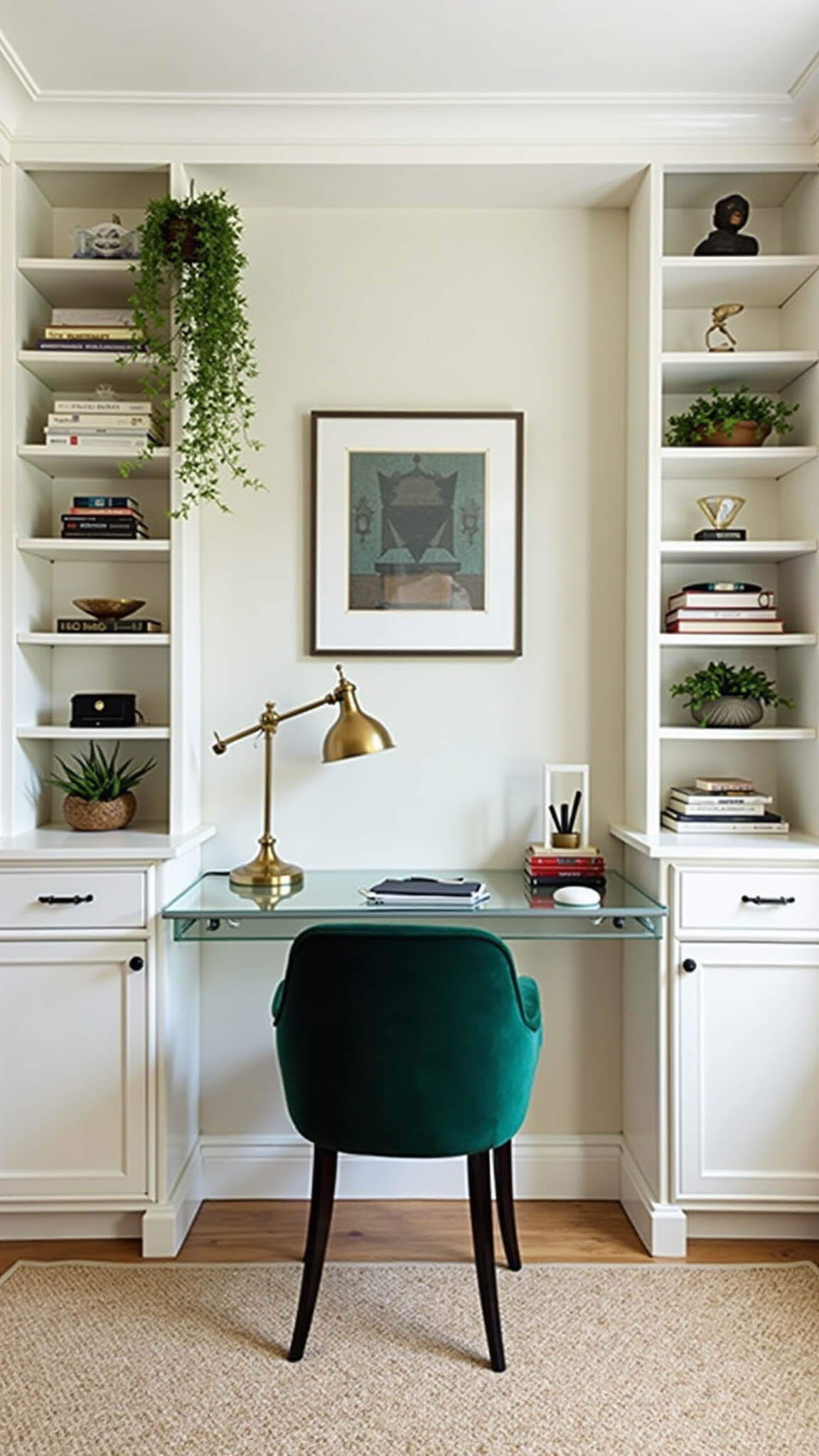 Elegant home office nook with white built-in shelves, acrylic desk, emerald green chair, and brass accents in a cozy 8x10ft space.