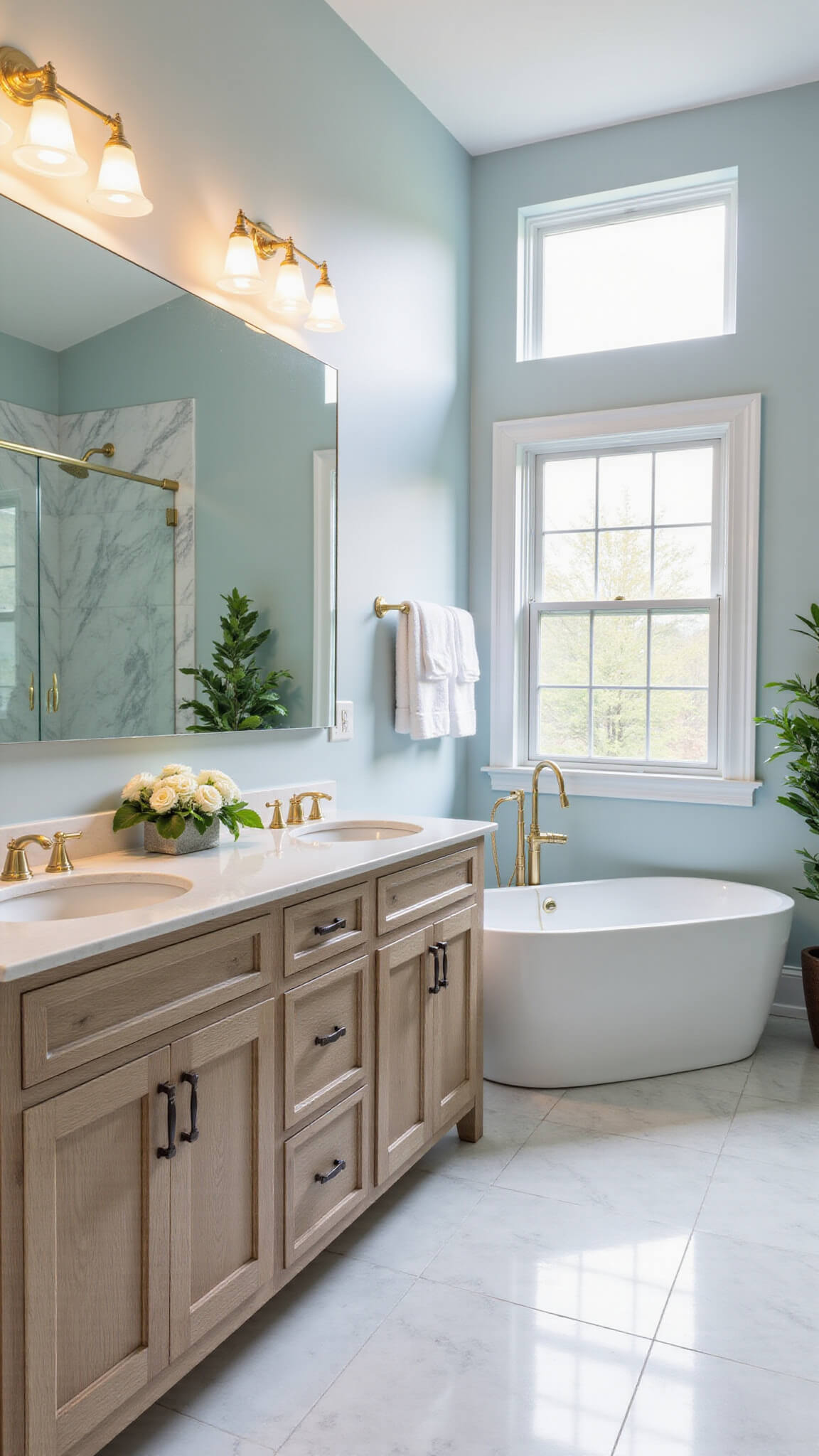 Luxurious master bathroom with light gray-washed honey oak vanity, gold hardware, large mirror, freestanding soaking tub, spa shower, pale blue walls, plants, and soft lighting.