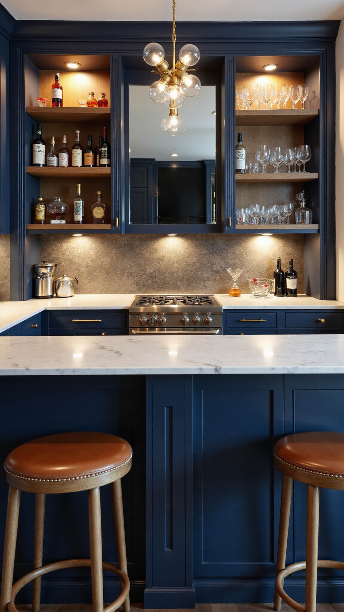 Stylish home bar with navy blue cabinets, brass hardware, white quartz countertop, mirrored backsplash, cognac leather barstools, and moody lighting highlighting colorful glassware and bottles.