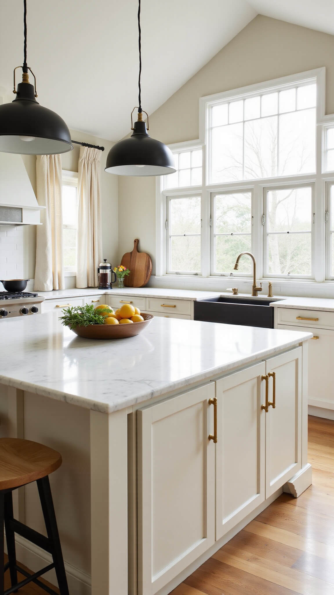Bright, airy kitchen with vaulted ceilings, large windows, white cabinets, marble island, and warm morning sunlight streaming in.