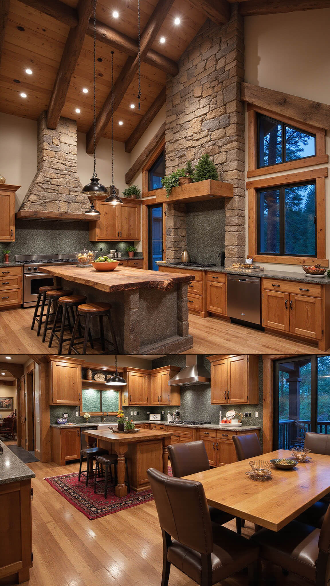 Rustic open-concept kitchen and dining area with hickory cabinets, stone fireplace, live-edge island, and warm ambient lighting at twilight.