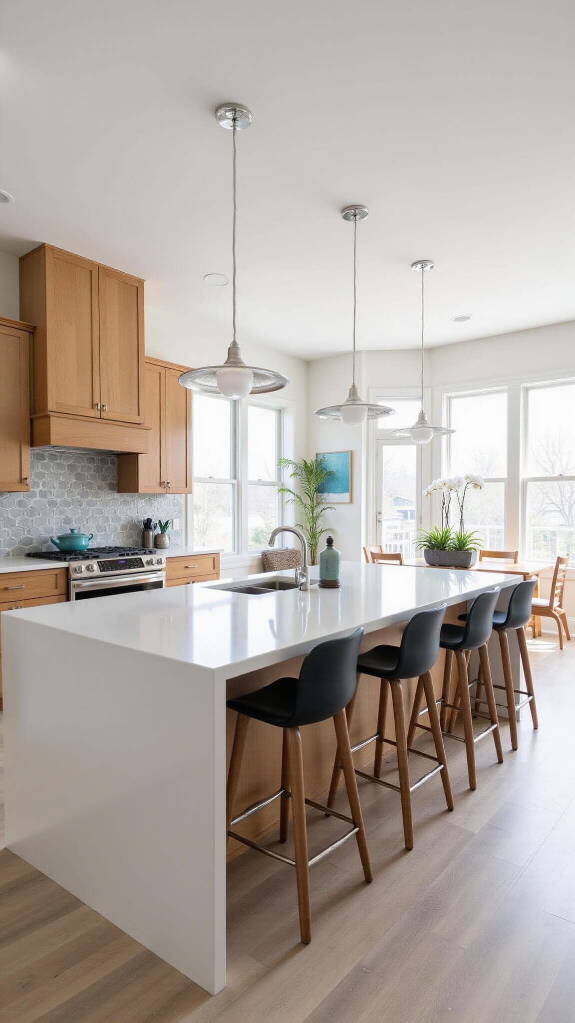 Contemporary kitchen with hickory cabinets, white quartz countertops, geometric gray backsplash, and a waterfall island centered under bright natural light.