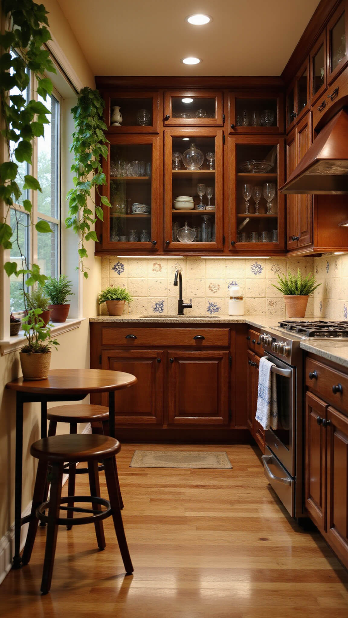 Cozy 10x10 galley kitchen with dark hickory cabinets, glass-front uppers, copper sink, hand-painted blue and cream tile backsplash, bistro table, and trailing pothos plants under warm evening lighting.