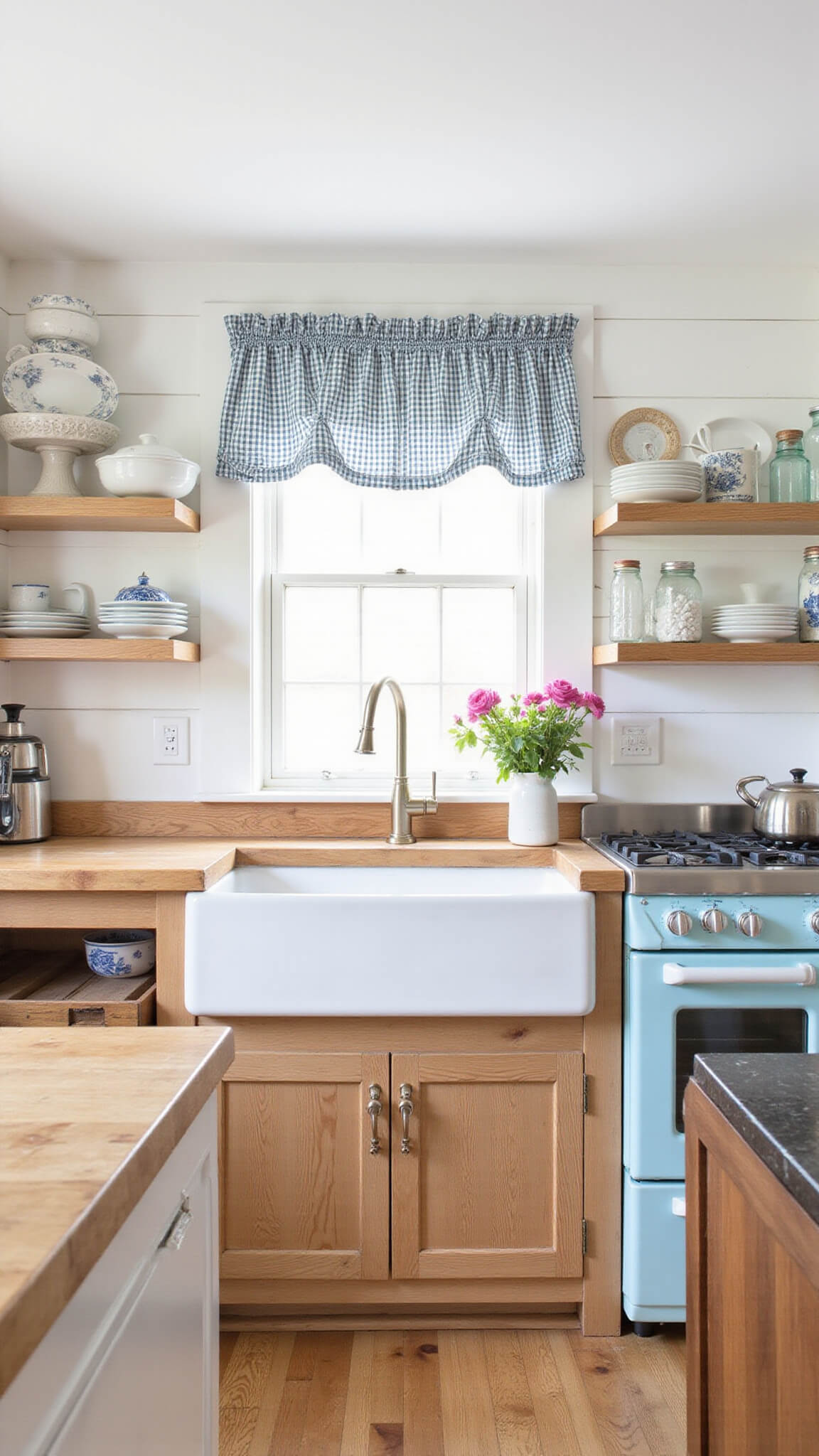 Bright farmhouse kitchen with light hickory cabinets, white shiplap walls, apron-front sink under a window with gingham curtains, open shelving with china, butcher block island, pale blue vintage stove, and fresh flowers in mason jars.