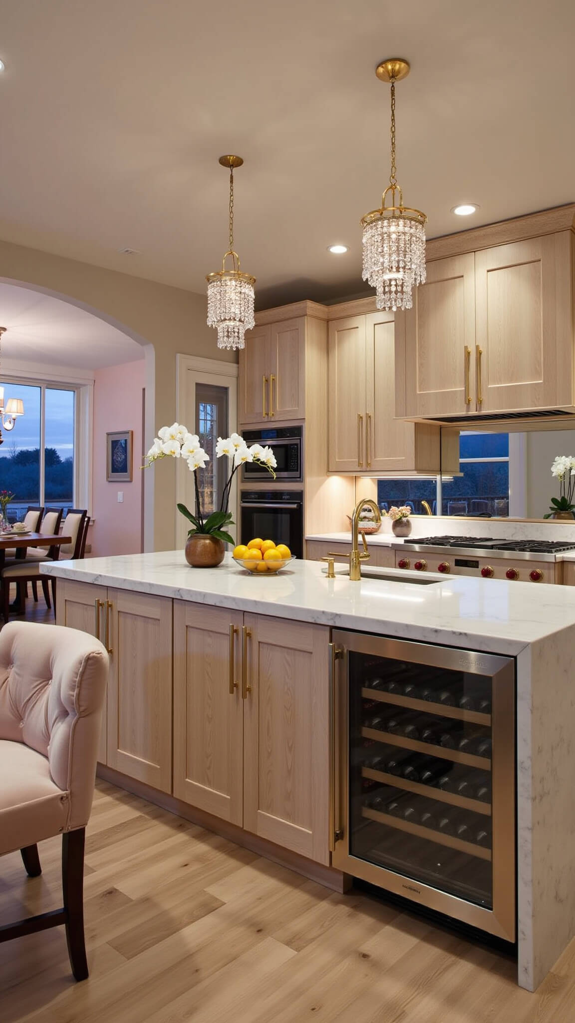 Elegant 18x20 ft kitchen at dusk with hickory cabinets, marble surfaces, blush pink walls, gold accents, crystal chandeliers, mirrored backsplash, and a stylish island with velvet barstools and a wine cooler.