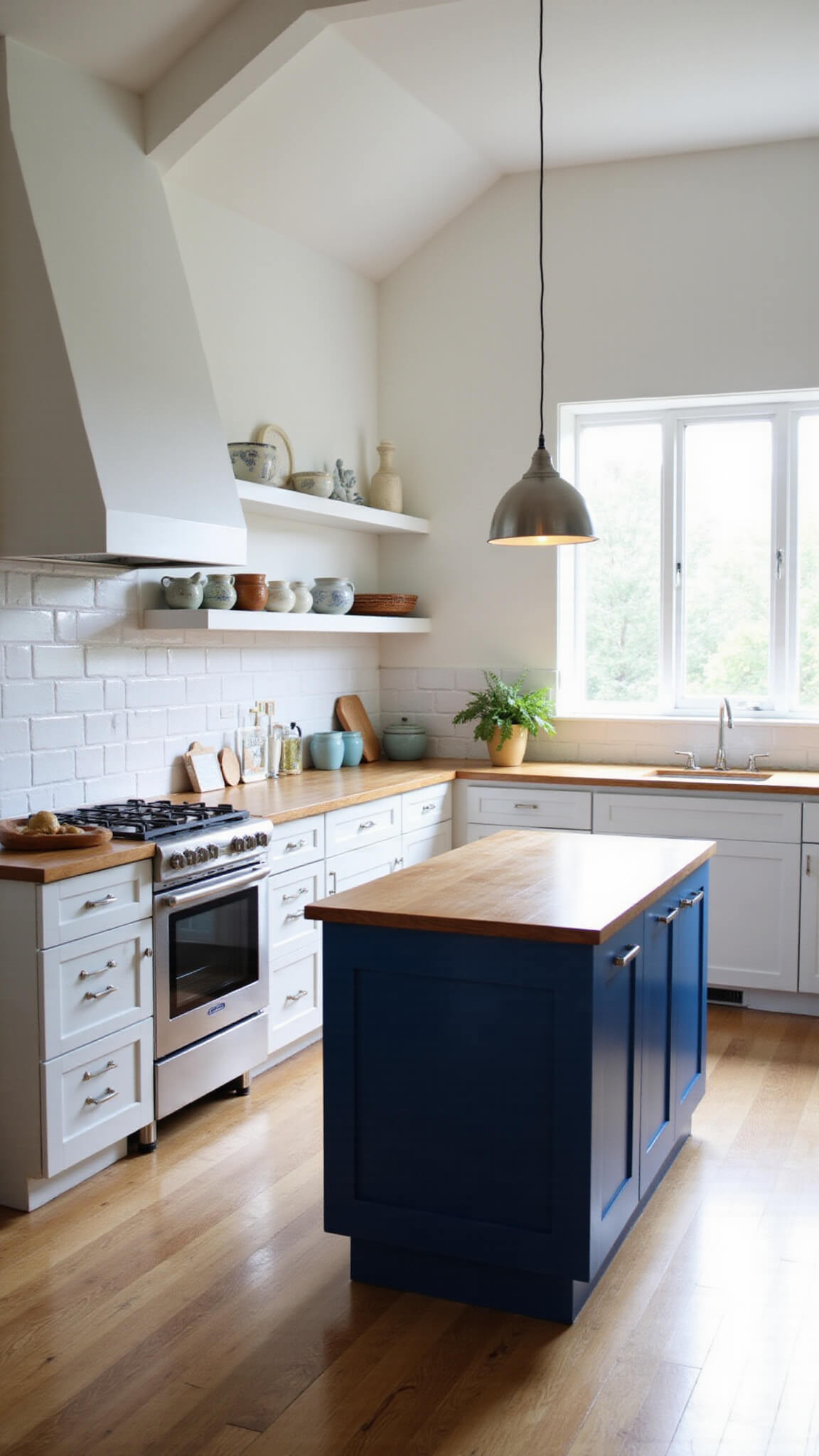 Bright IKEA SEKTION kitchen with white shaker cabinets, blue island, butcher block countertops, and stainless steel appliances in sunlit 12x15 ft space.