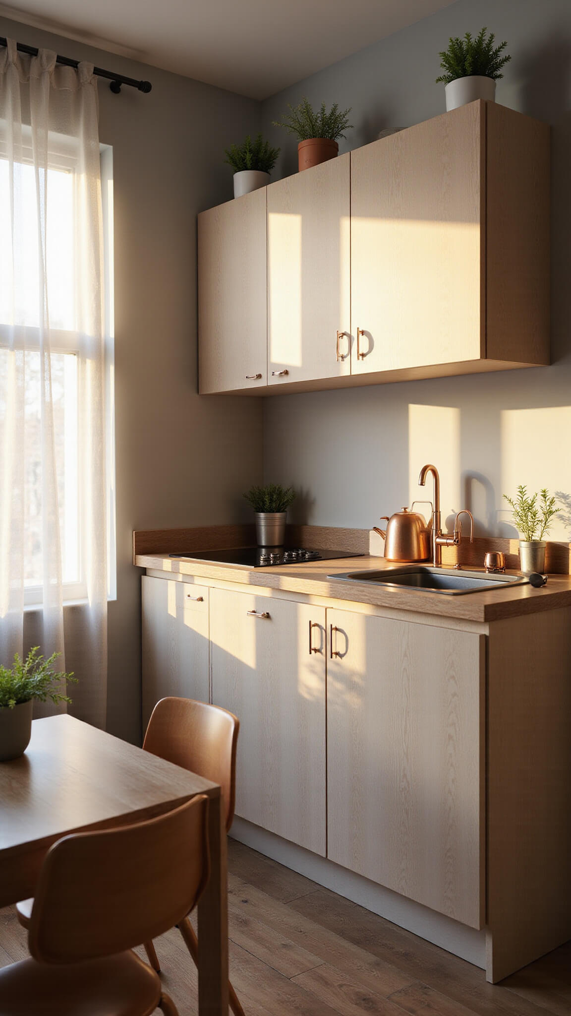 Cozy 10x10 ft IKEA ENHET kitchen with light ash effect cabinets, fold-down table, and copper accents, bathed in warm late afternoon sunlight.