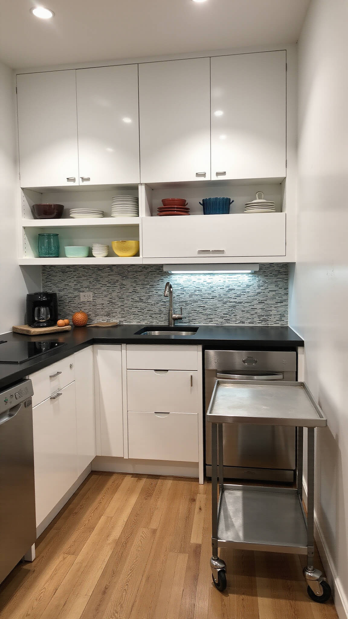 Chic IKEA KNOXHULT galley kitchen with white units, black countertop, patterned backsplash, open shelves, and rolling cart in a small rental space.