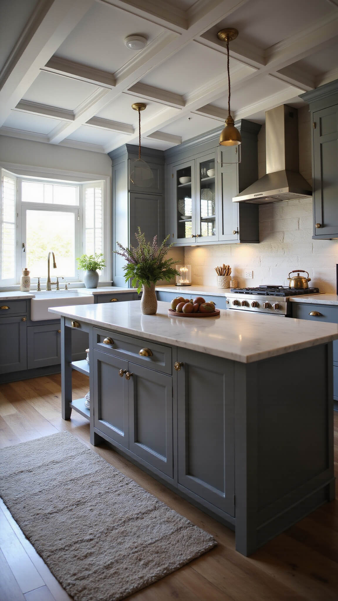 Sophisticated IKEA kitchen with BODBYN gray cabinets, marble island, coffered ceilings, and warm evening lighting.