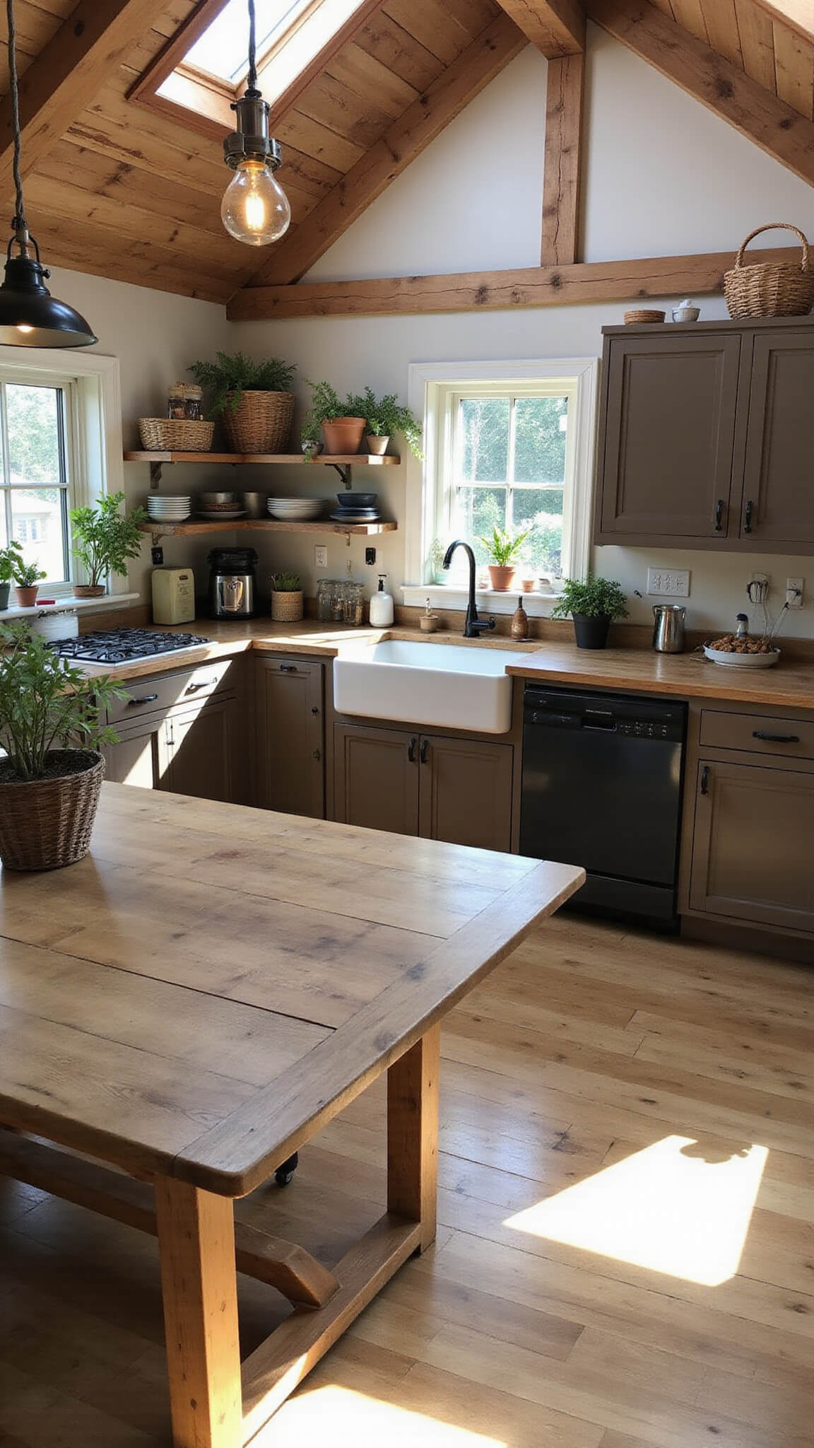 Rustic-modern IKEA kitchen with ENKÖPING brown cabinets in a converted barn, featuring skylights, exposed beams, farmhouse table, pendant lights, plants, and woven baskets in natural morning light.