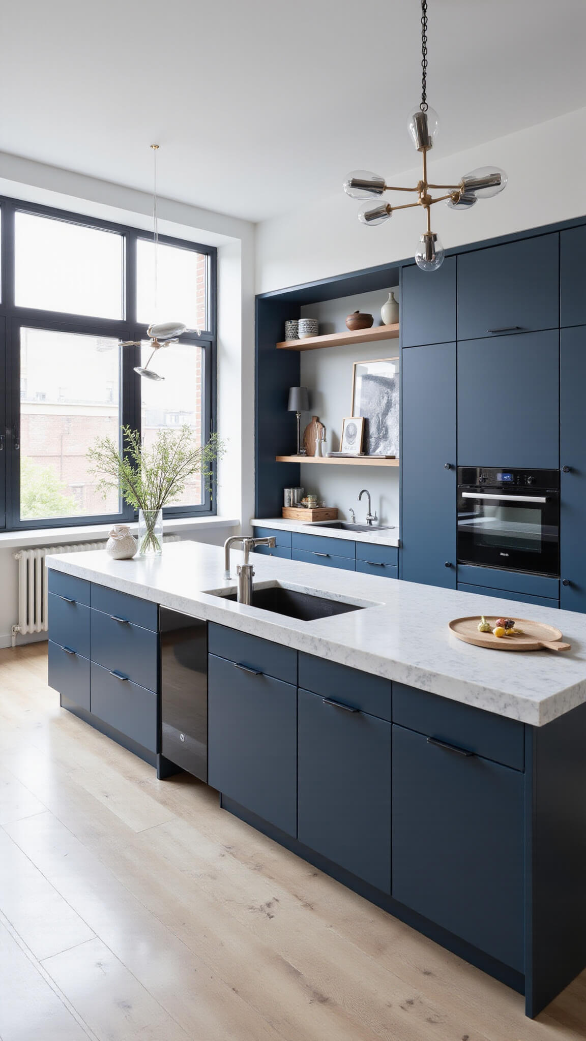 Bird's-eye view of a minimalist IKEA kitchen with matte blue AXSTAD cabinets, quartz waterfall island, integrated appliances, and floating shelves in a bright open-concept loft.
