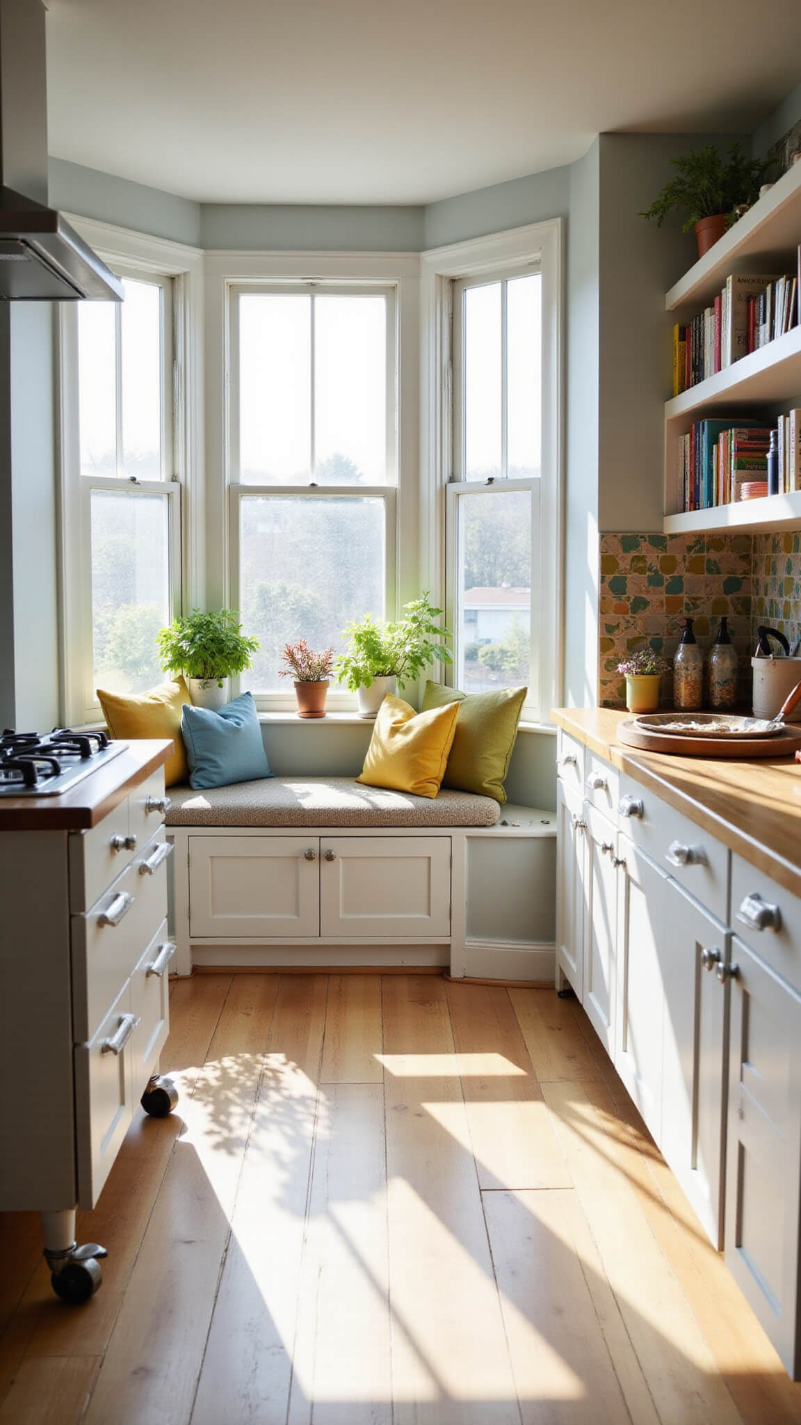 Bright IKEA kitchen with white VALLSTENA cabinets, cozy breakfast nook by a sunny bay window, colorful open shelving, patterned tile backsplash, and a small movable island.
