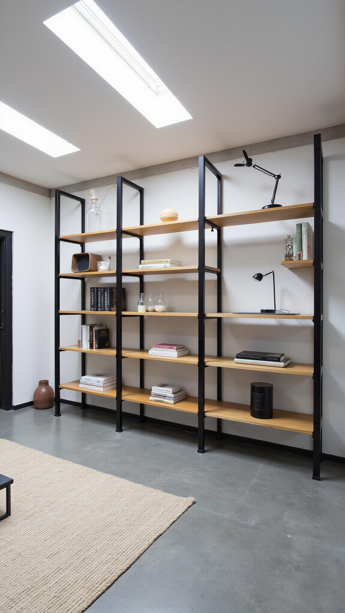 Elevated view of open-concept Japandi living space with floor-mounted oak and black metal bookcase divider, concrete floors, and skylight-lit shadows in monochrome palette.