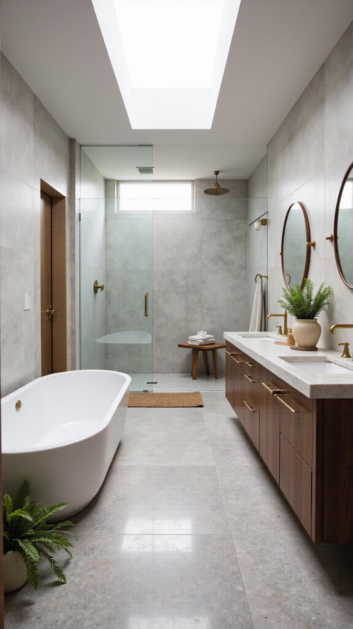 Luxurious 12x15ft bathroom with freestanding oval soaking tub, walnut floating double vanity, Calacatta marble feature wall, terrazzo flooring, brass fixtures, glass-enclosed rainfall shower, and natural accents.