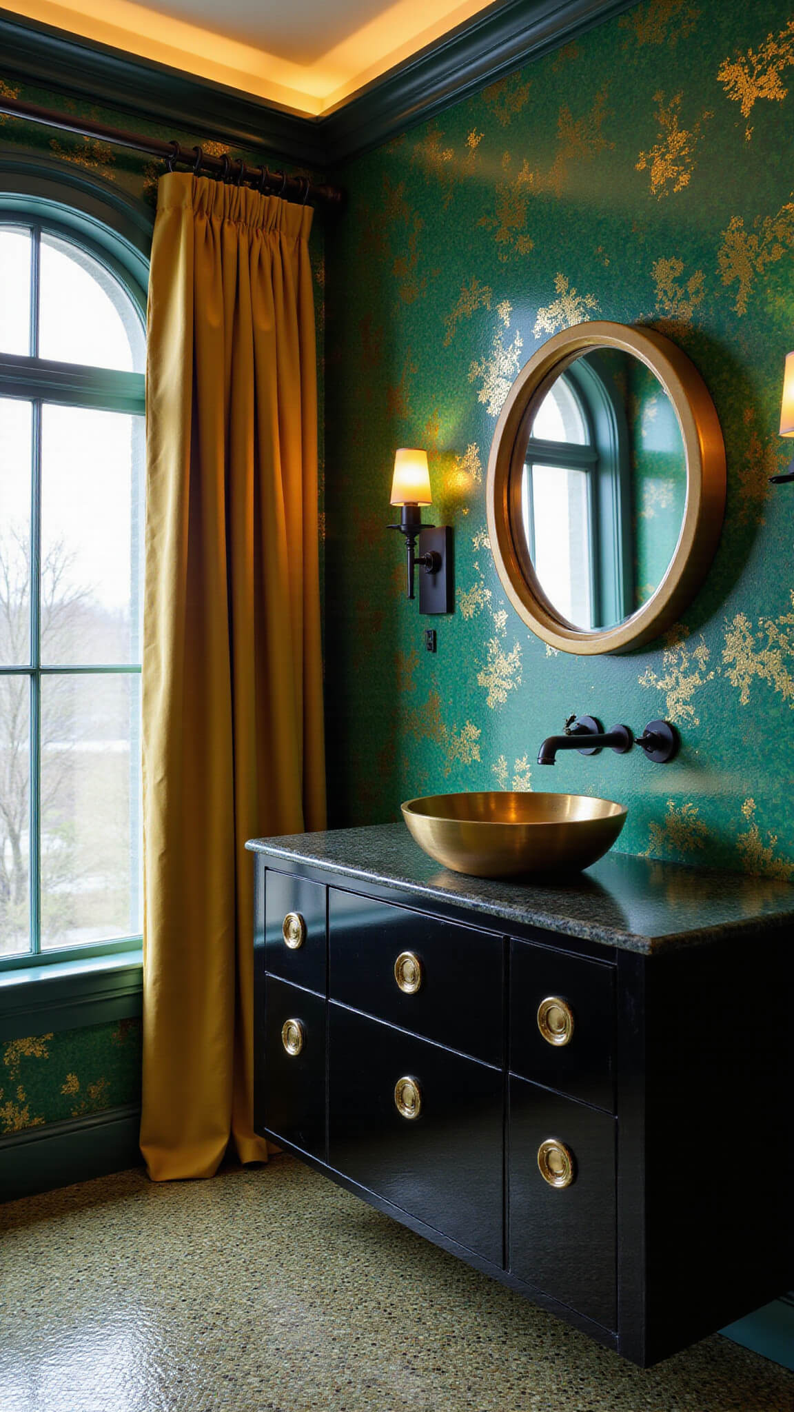 Luxurious emerald green powder room with gold-accented botanical wallpaper, floating black vanity with brass sink, backlit mirror, and hexagonal mosaic tile floor.