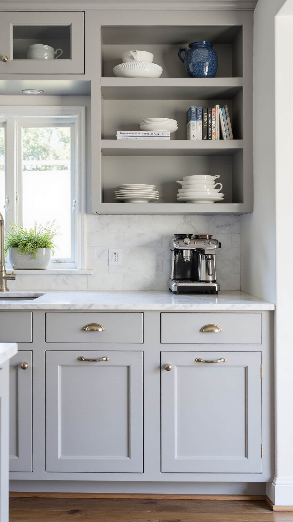 Transitional kitchen with gray cabinets, Carrara marble backsplash, open shelving, and midday natural lighting.