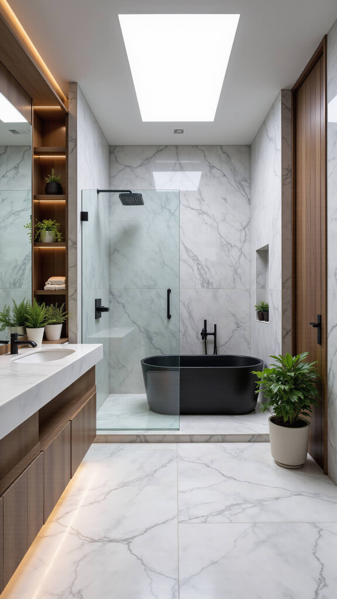 Luxurious 10x12ft master bathroom with book-matched Statuario marble, curbless wet room design, matte black freestanding tub, floating oak shelves, and skylight lighting.