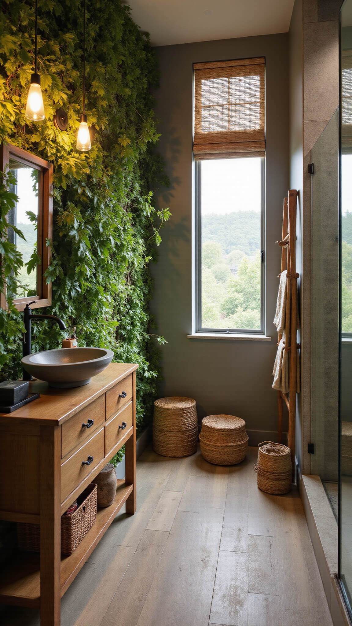 Eye-level view of a biophilic bathroom featuring a lush living green wall, vintage wood vanity with concrete sink, bamboo-patterned glass shower, and natural textures like rattan and teak under warm, dappled lighting.