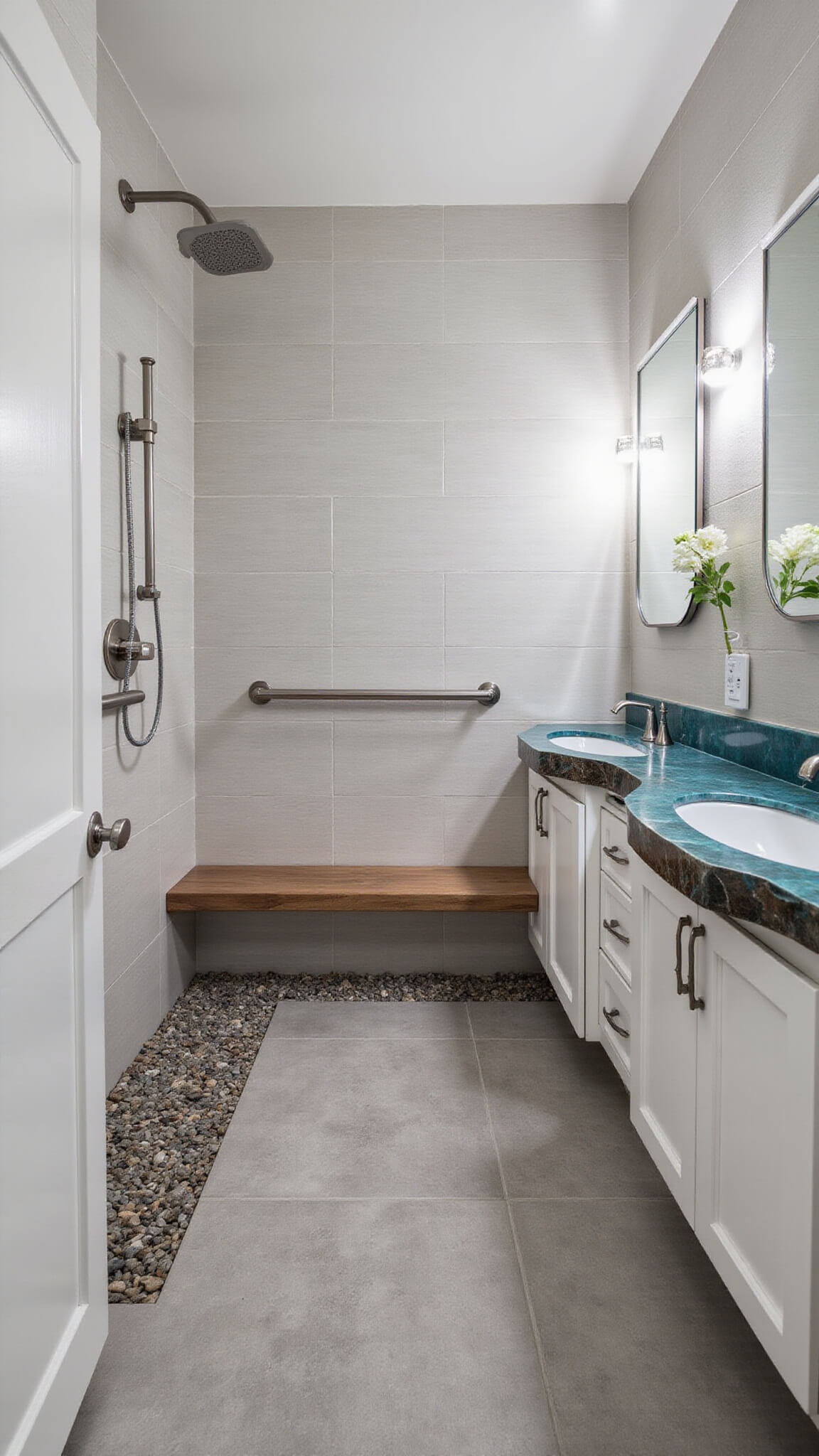 Accessible 14x16ft family bathroom with zero-barrier pebble floor shower, built-in teak bench, grab bars, double vanity with blue agate countertop, smart mirrors, and wave-textured gray tiles.