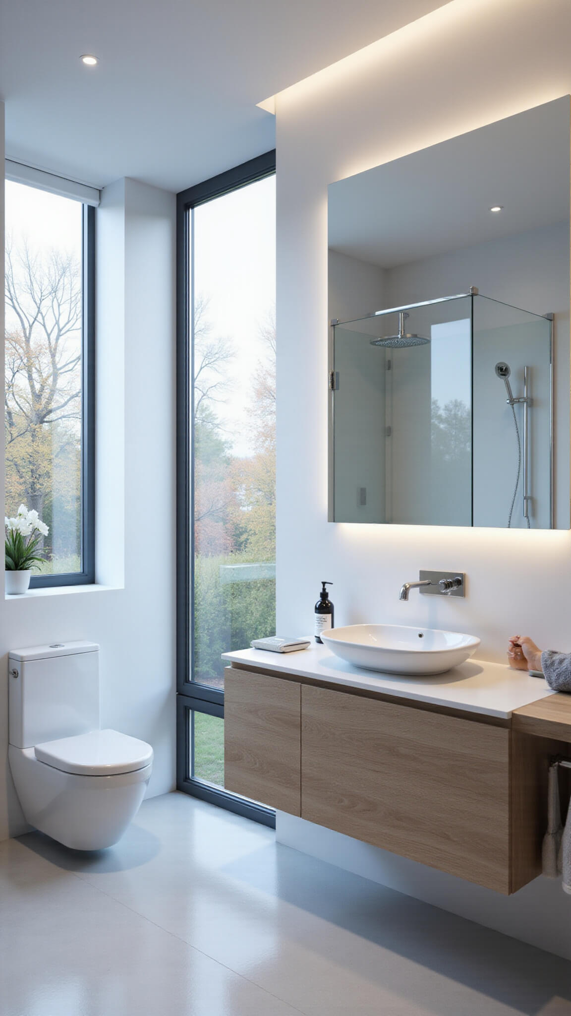 Futuristic 11x13ft smart bathroom featuring a high-tech toilet, digital shower with chromotherapy, voice-controlled smart mirror, floating vanity with charging station, and electrochromic privacy windows in a sleek matte white and light wood finish.