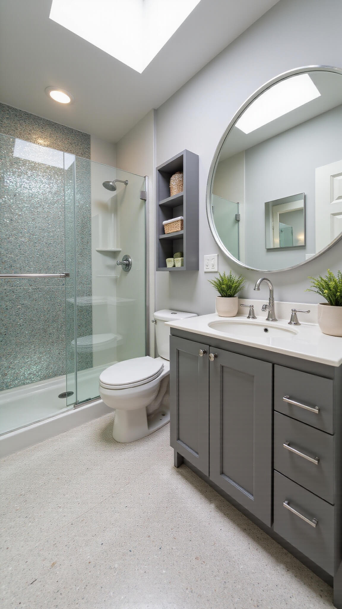 Compact 7x9ft modern bathroom with corner glass shower, iridescent mosaic accent wall, wall-mounted toilet, floating gray vanity, LED mirror, terrazzo floor, and skylight tube.
