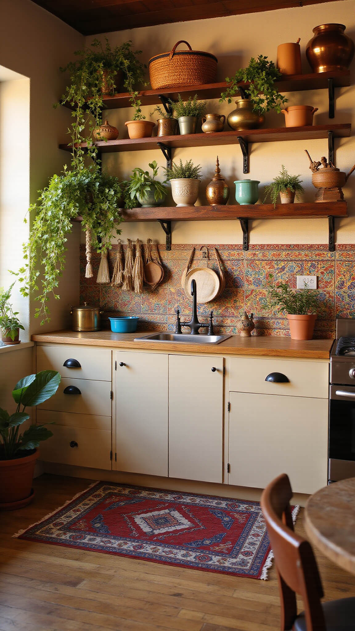 Bohemian kitchen at golden hour with beige cabinets, colorful Moroccan tiles, open shelves of pottery and plants, macramé hangers, Persian rug, brass utensils, and warm, layered textures.