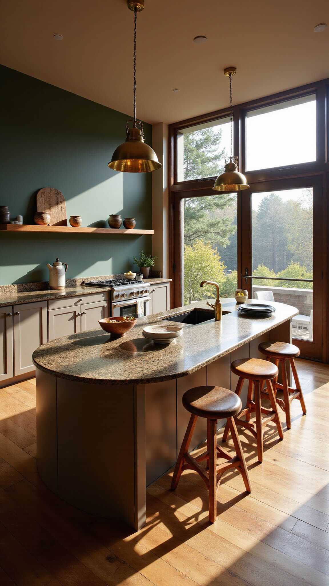 Warm-toned open-plan kitchen with curved island, mushroom cabinets, green accent wall, brass lighting, and artisanal decor.
