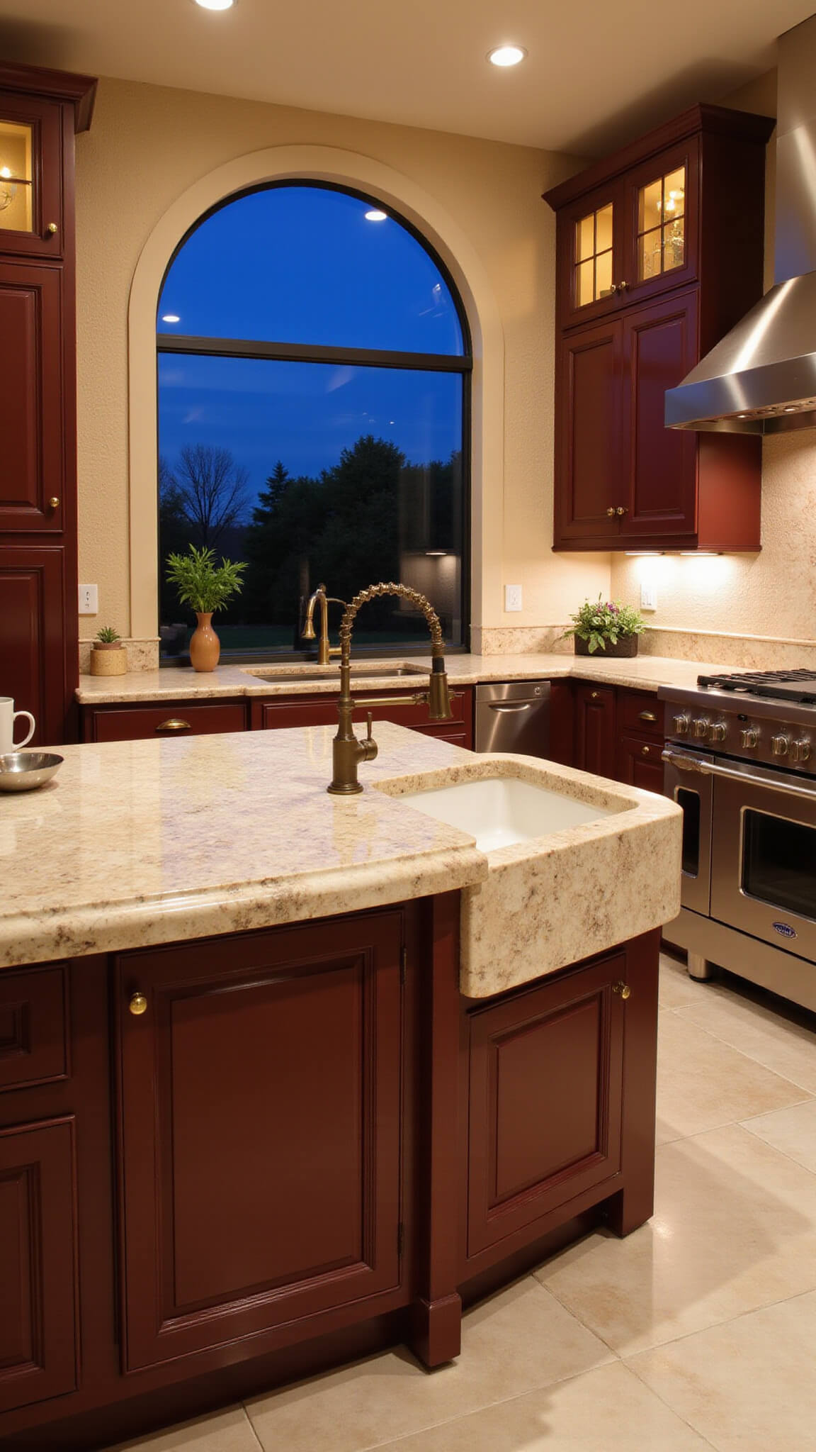 Elegant twilight kitchen with burgundy and clay cabinets, arched garden window, veined quartzite island, mixed metal finishes, and textured limewash walls.