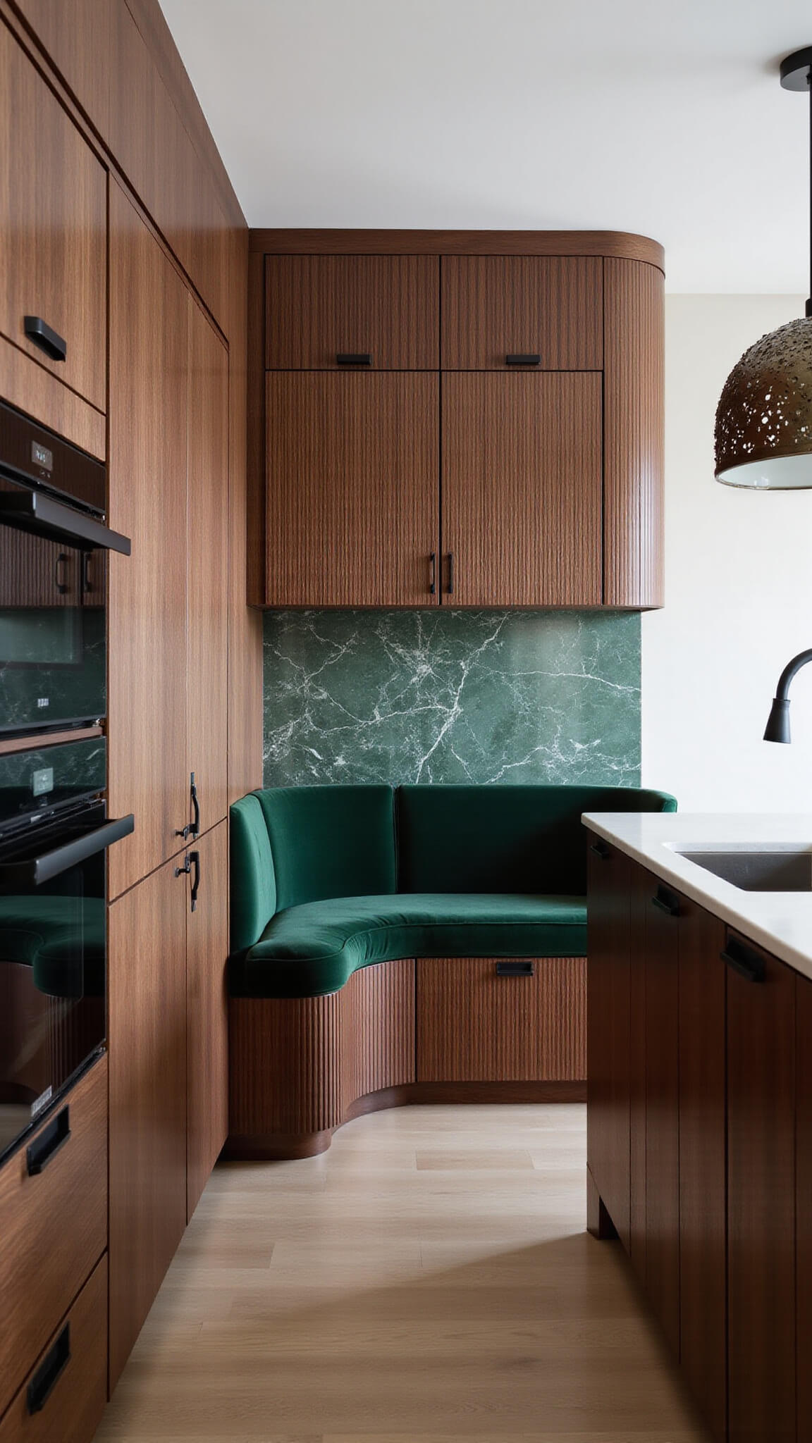 Luxurious compact kitchen with walnut fluted cabinetry, green marble backsplash, forest green velvet banquette, and sculptural mixed-metal pendant in early morning light.