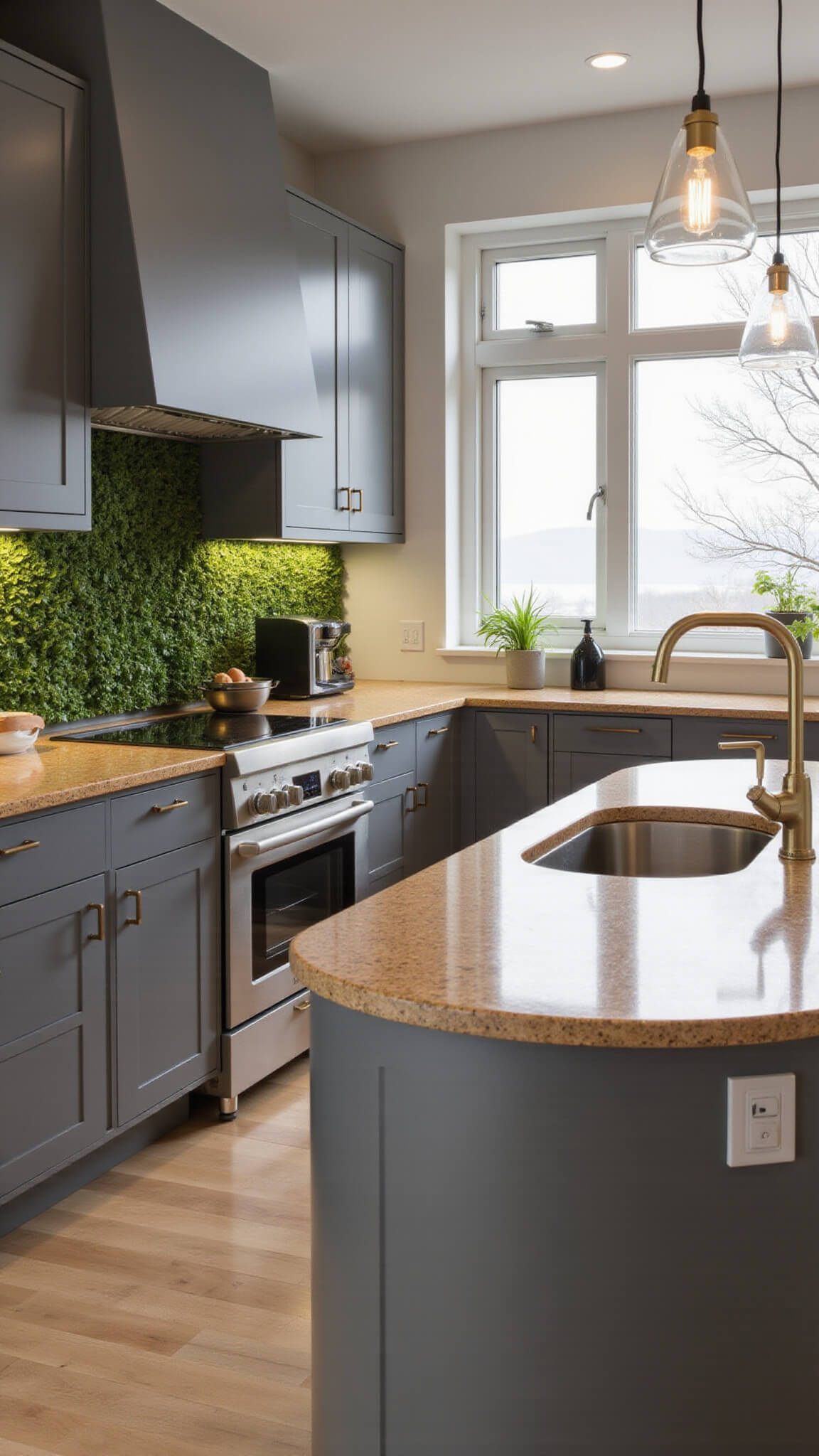 Modern 16x14 kitchen with warm gray curved cabinetry, honey quartzite countertops, rounded island with mixed metal fixtures, hidden storage, herb living wall, and pendant lights in soft morning light.