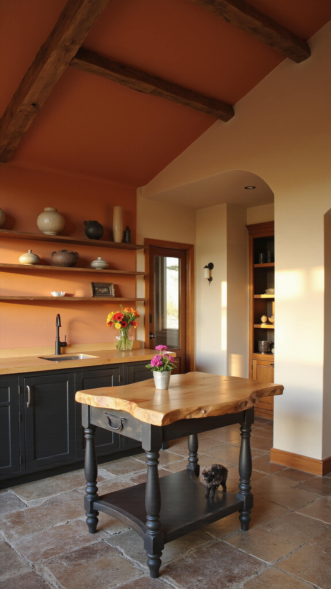 Rustic-modern kitchen with vaulted ceiling, stained wood beams, clay-colored curved walls, live-edge island, blackened steel shelving, and stone flooring in golden hour light.