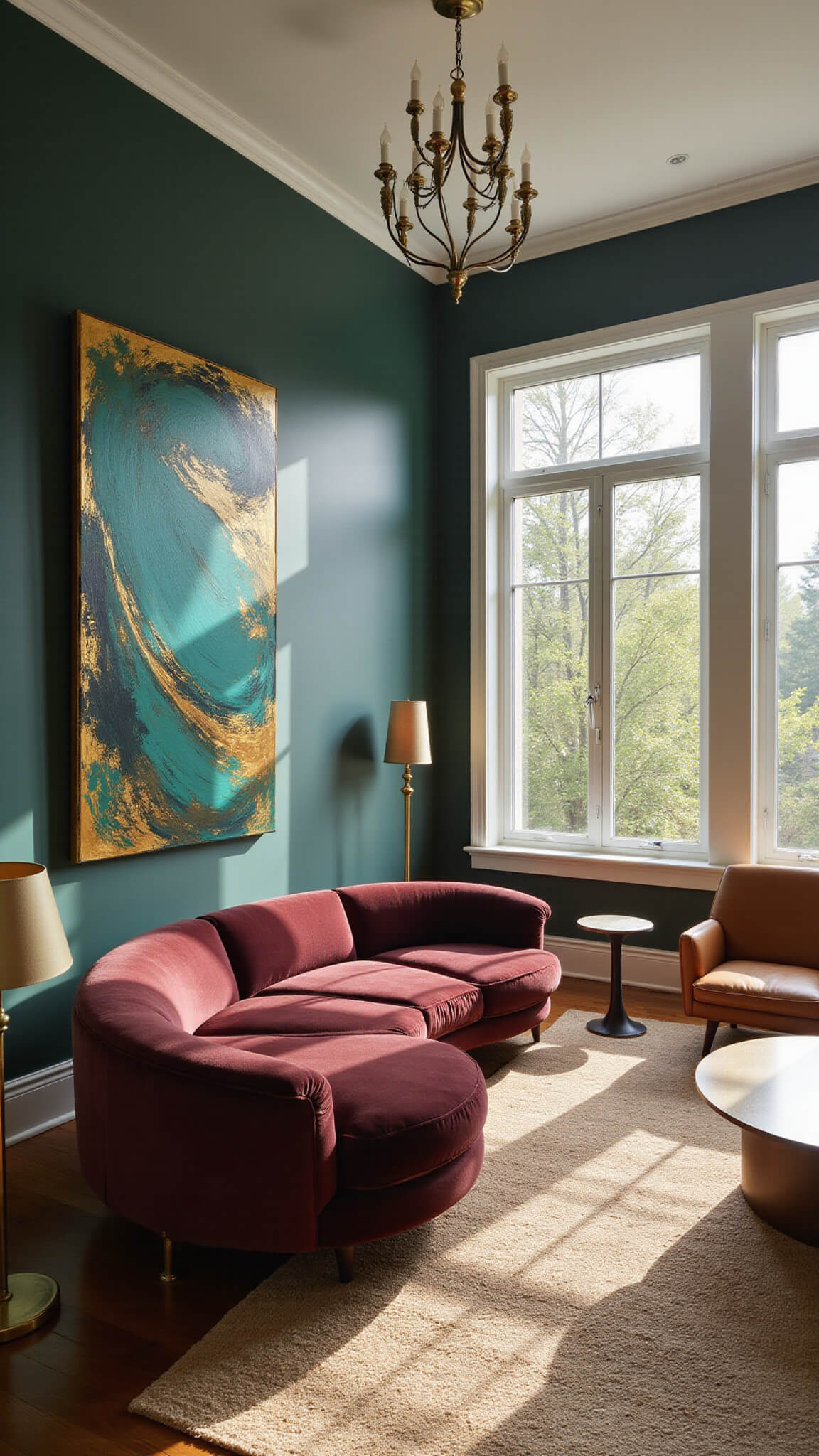 Cozy 20x30 ft living room with forest green walls, burgundy velvet sofa, camel leather armchairs, abstract teal and gold artwork, layered earthy rugs, brass lighting, and floor-to-ceiling windows with warm afternoon light.