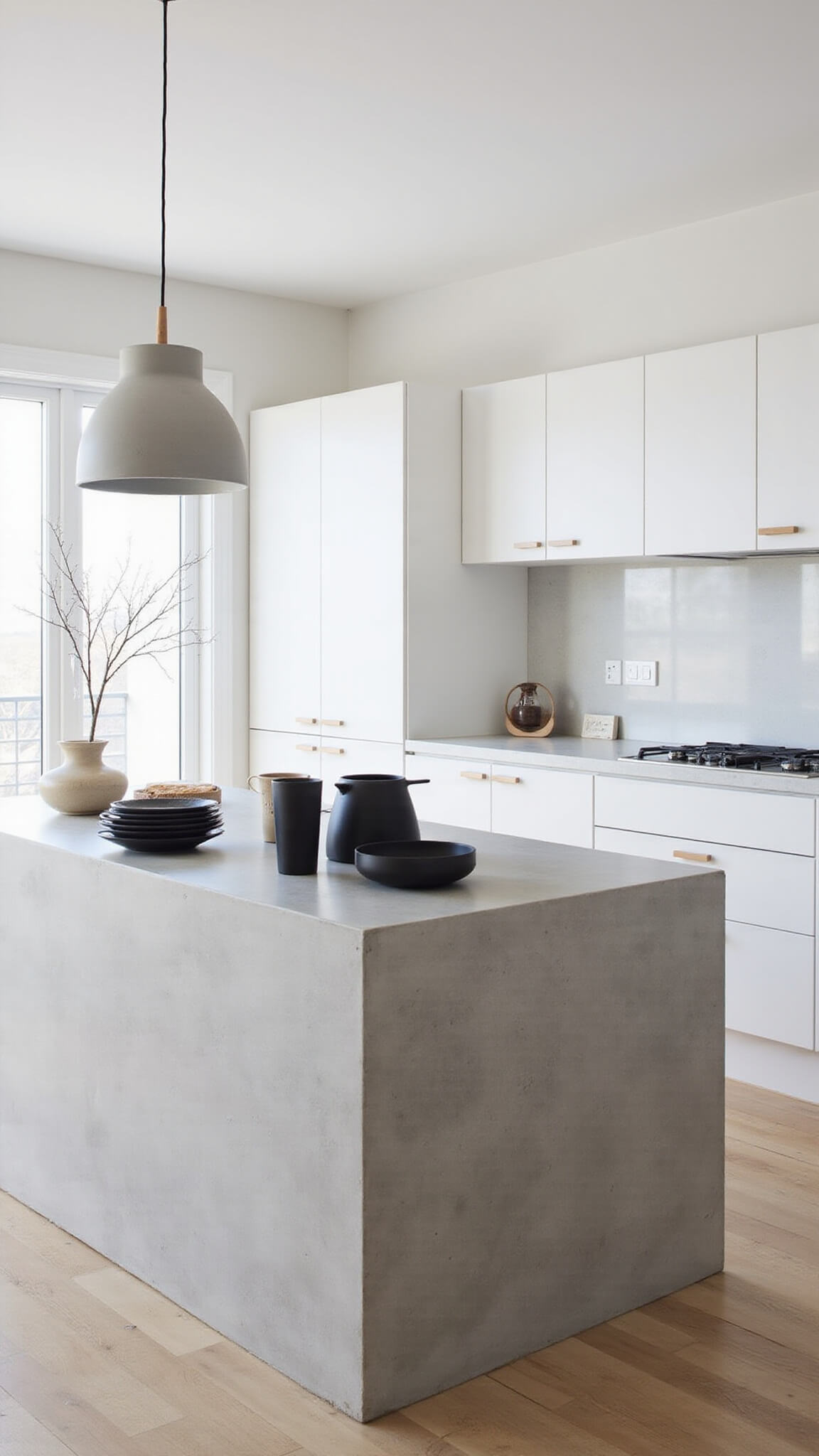 Minimalist Scandinavian kitchen with white cabinets, concrete island, and sparse decor, viewed from a low angle in cool natural light.