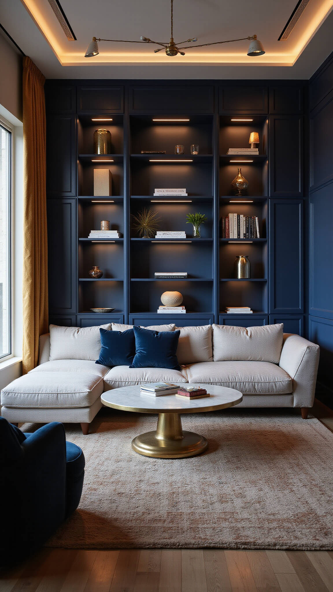 Luxurious living room at dusk with Art Deco navy bookshelf, grey modular sofa, brass and marble coffee table, jewel-toned pillows, and warm ambient lighting.