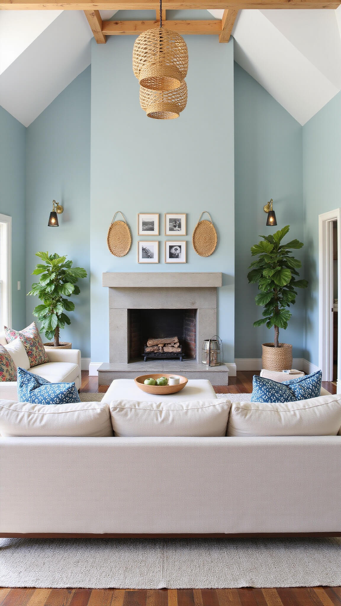 Sunlit living room with vaulted ceilings, blue walls, large linen sectional, fiddle leaf figs, modern fireplace, rattan accents, and black and white photo gallery wall.