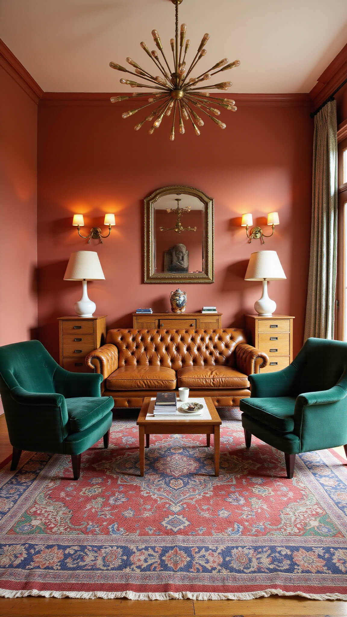 Warm terracotta living room with cognac leather Chesterfield sofa, emerald green velvet armchairs, vintage sideboard, round brass mirror, layered rugs, and ambient golden hour lighting.