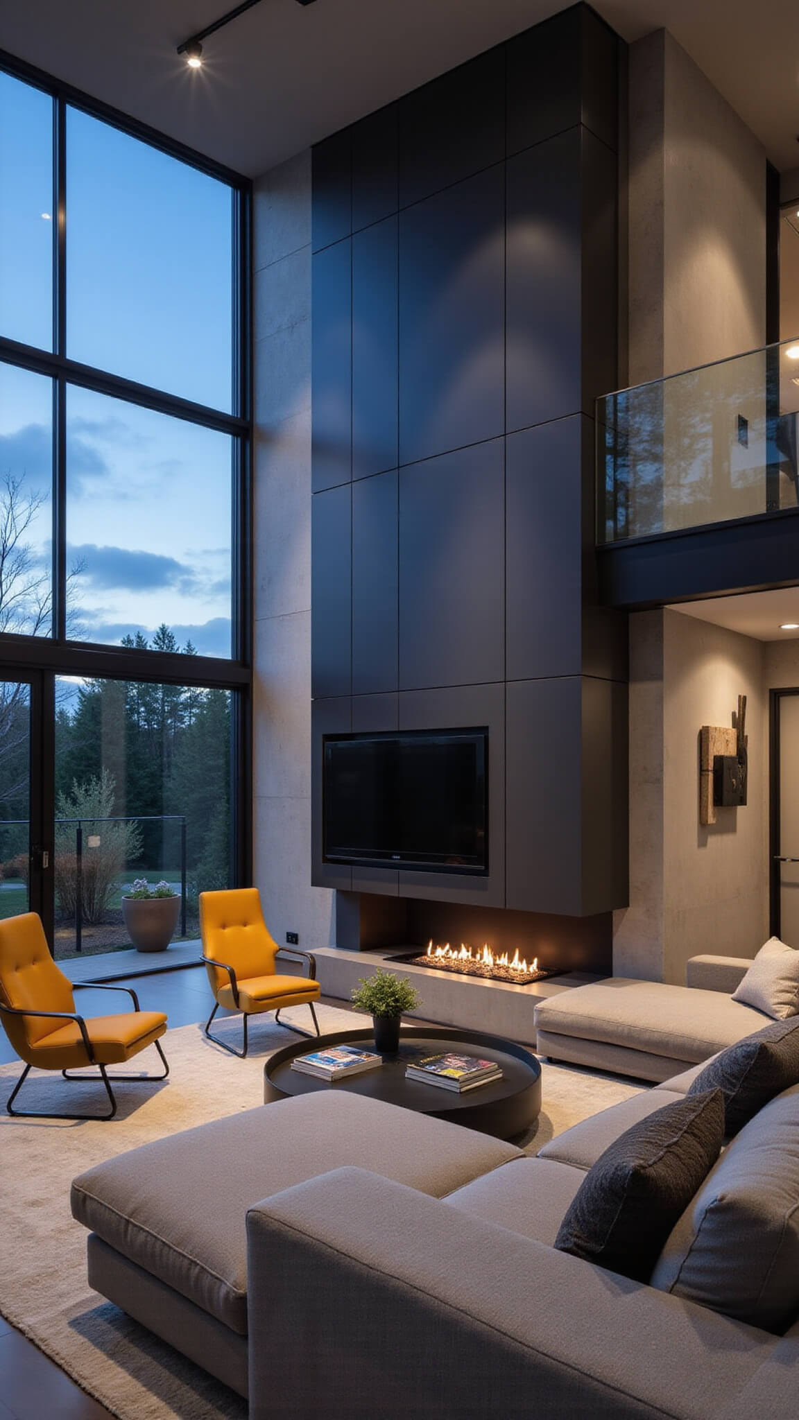 Open-concept 22x26 ft living area at twilight with smart glass wall, charcoal English-style cabinetry, modular grey sofa, mustard accent chairs, concrete fireplace, and color-changing LED lighting.