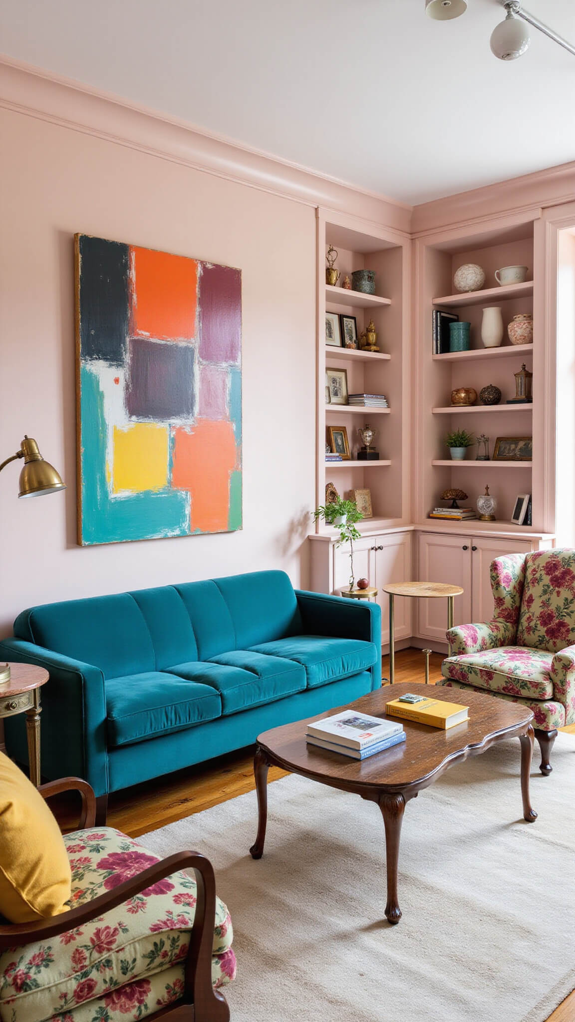 Eclectic blush pink living room with teal velvet sofa, vintage floral chairs, bold abstract painting, and diverse global decor in morning light.