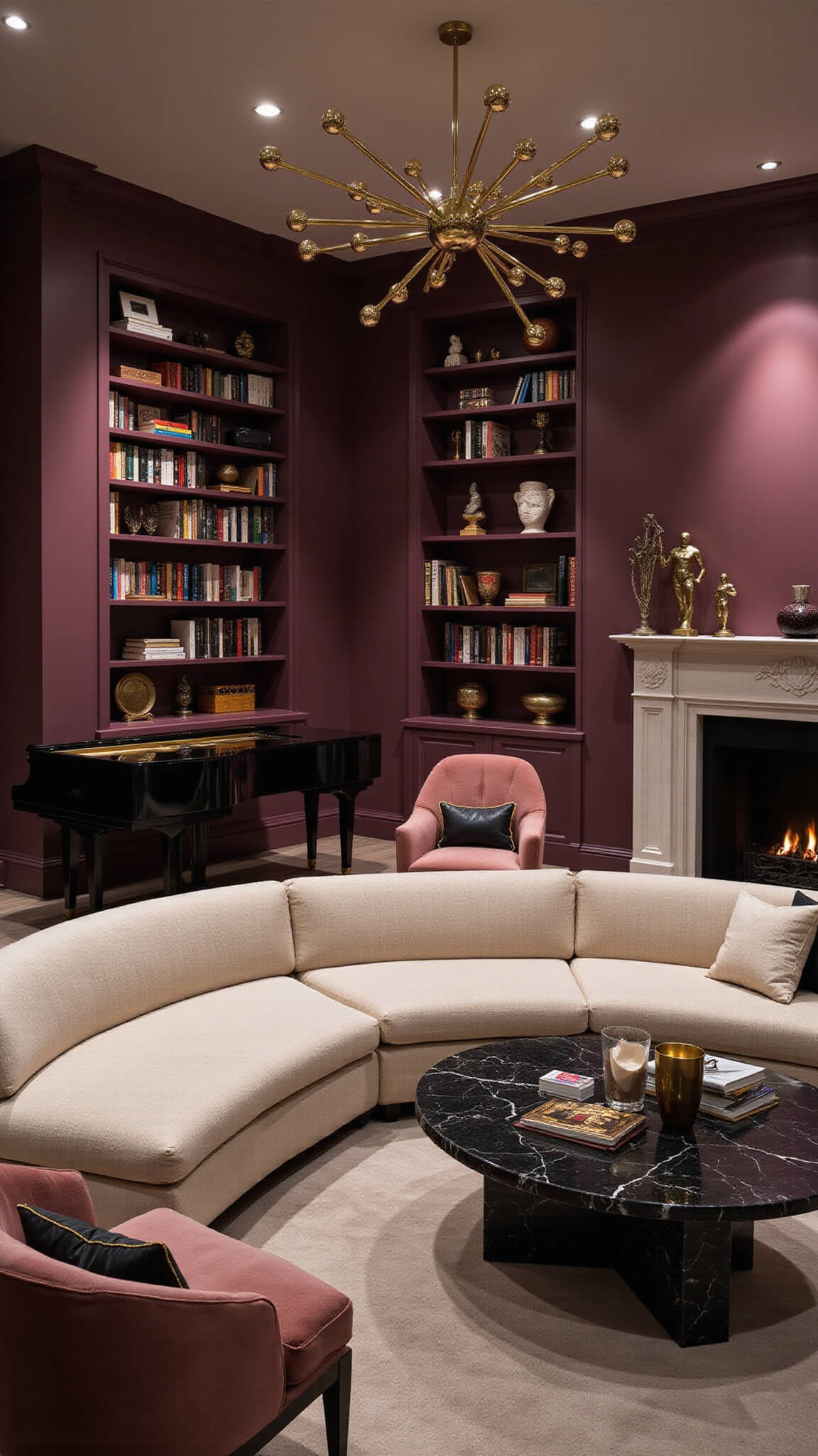 Luxurious aubergine-painted living room at night with cream bouclé sofa, dusty rose velvet armchairs, black marble coffee table, brass sputnik chandelier, and baby grand piano.