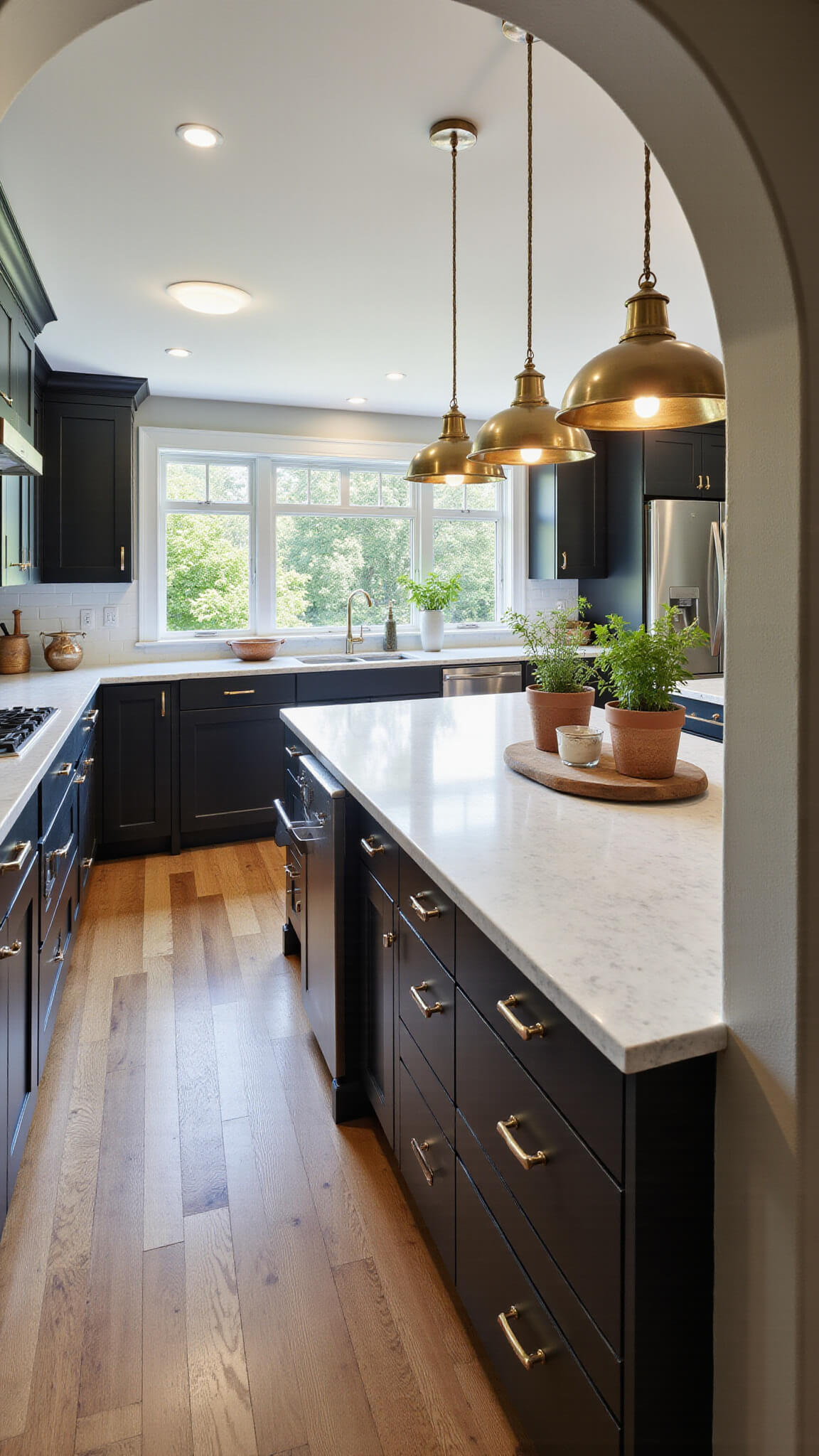 Spacious kitchen with matte black cabinets, white marble island, brass pendant lights, and warm wood floors illuminated by morning sunlight through large windows.