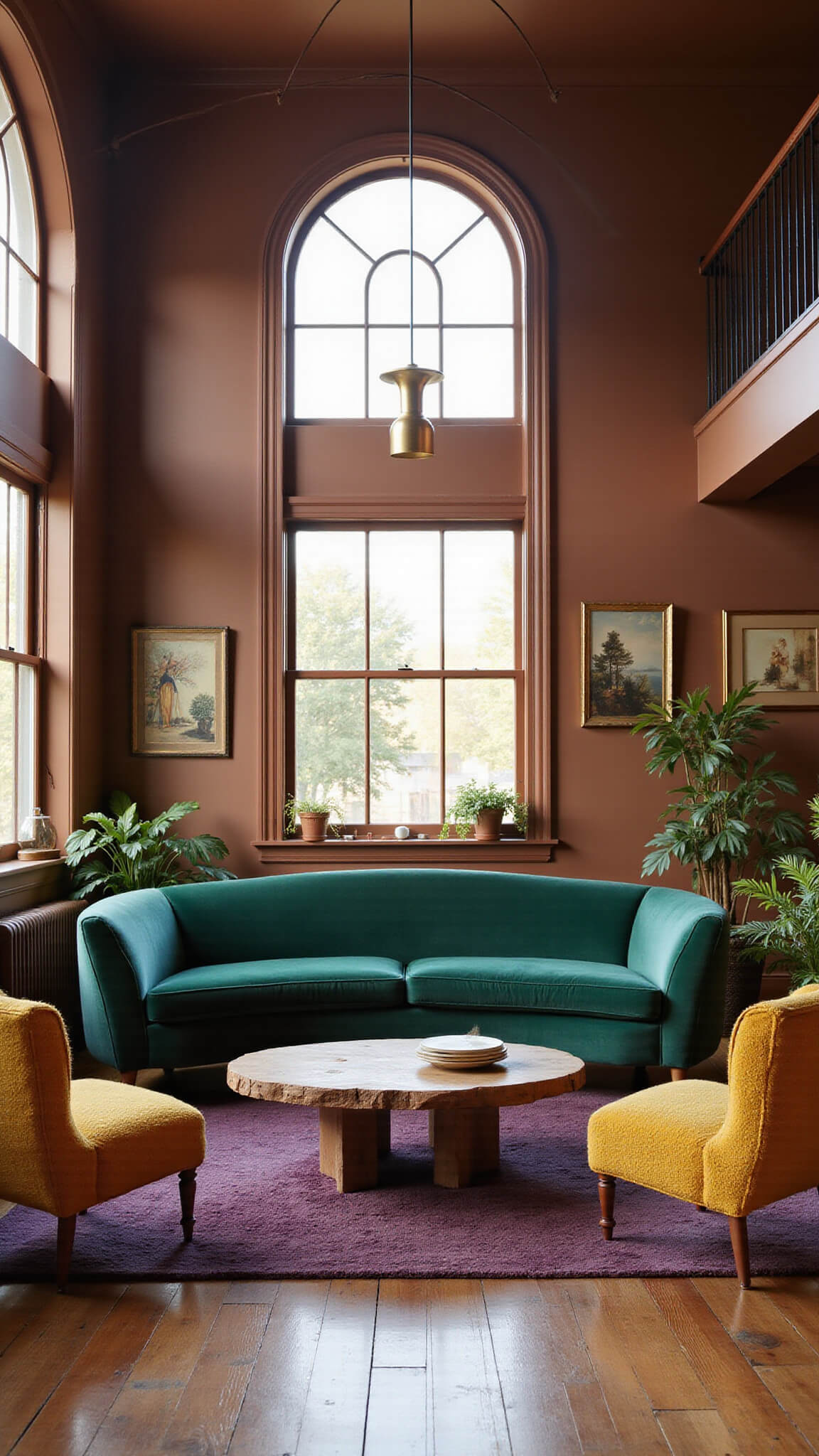 Spacious cocoa brown living room with emerald green curved sofa, mustard yellow chairs, round wood coffee table on deep purple rug, bathed in golden hour light through arched windows.