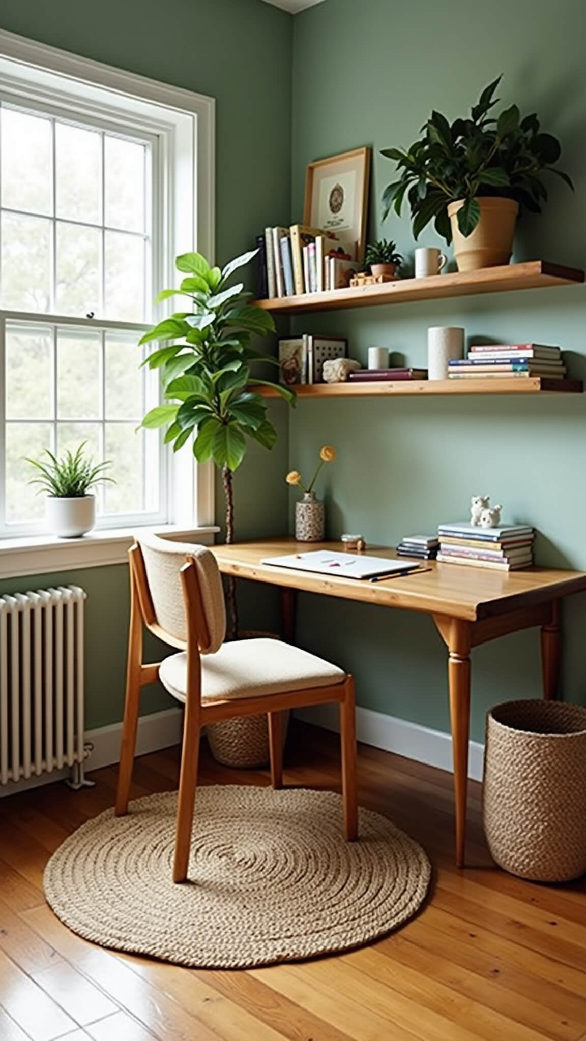 Eco-friendly home office nook with bamboo desk, recycled fabric chair, reclaimed wood shelves, vintage decor, fiddle leaf fig, sage green walls, and jute rug on bamboo floor, viewed from above.