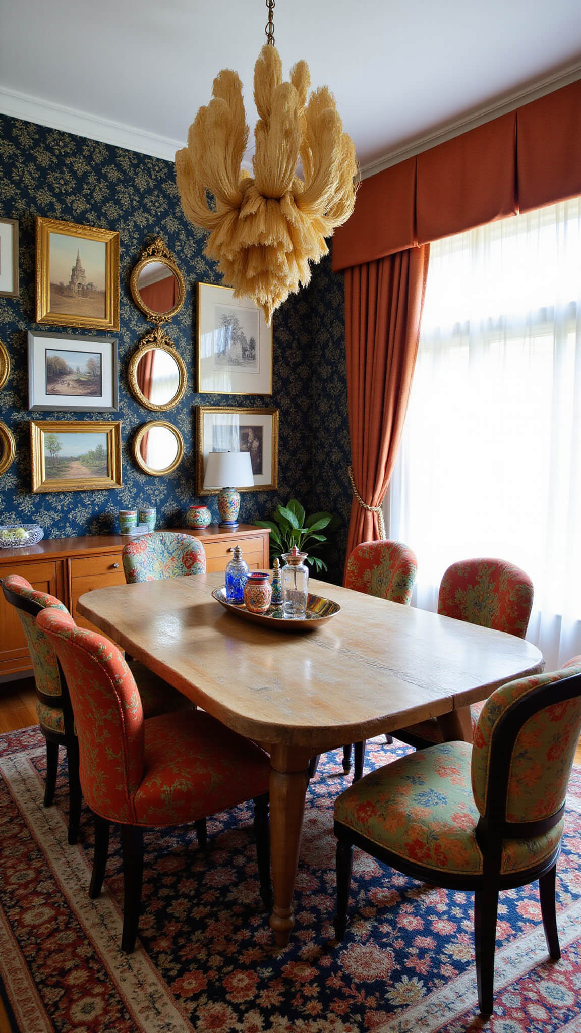 Maximalist dining room with a live-edge wooden table, mismatched vintage chairs, dark floral wallpaper, eclectic gallery wall, statement chandelier, colorful ceramics on a sideboard, and layered window treatments.