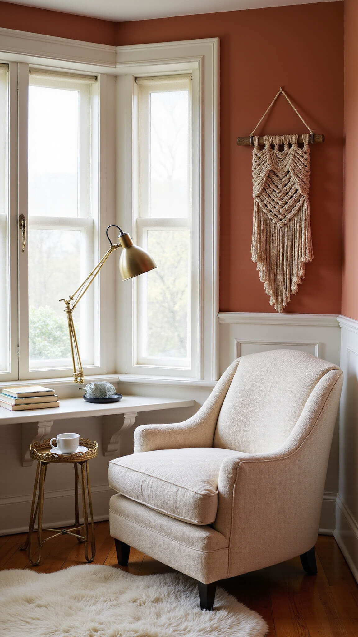 Cozy bay window reading nook with cream bouclé armchair, brass floor lamp, scalloped side table, terracotta walls, macramé wall hanging, and sheepskin rug in soft morning light.
