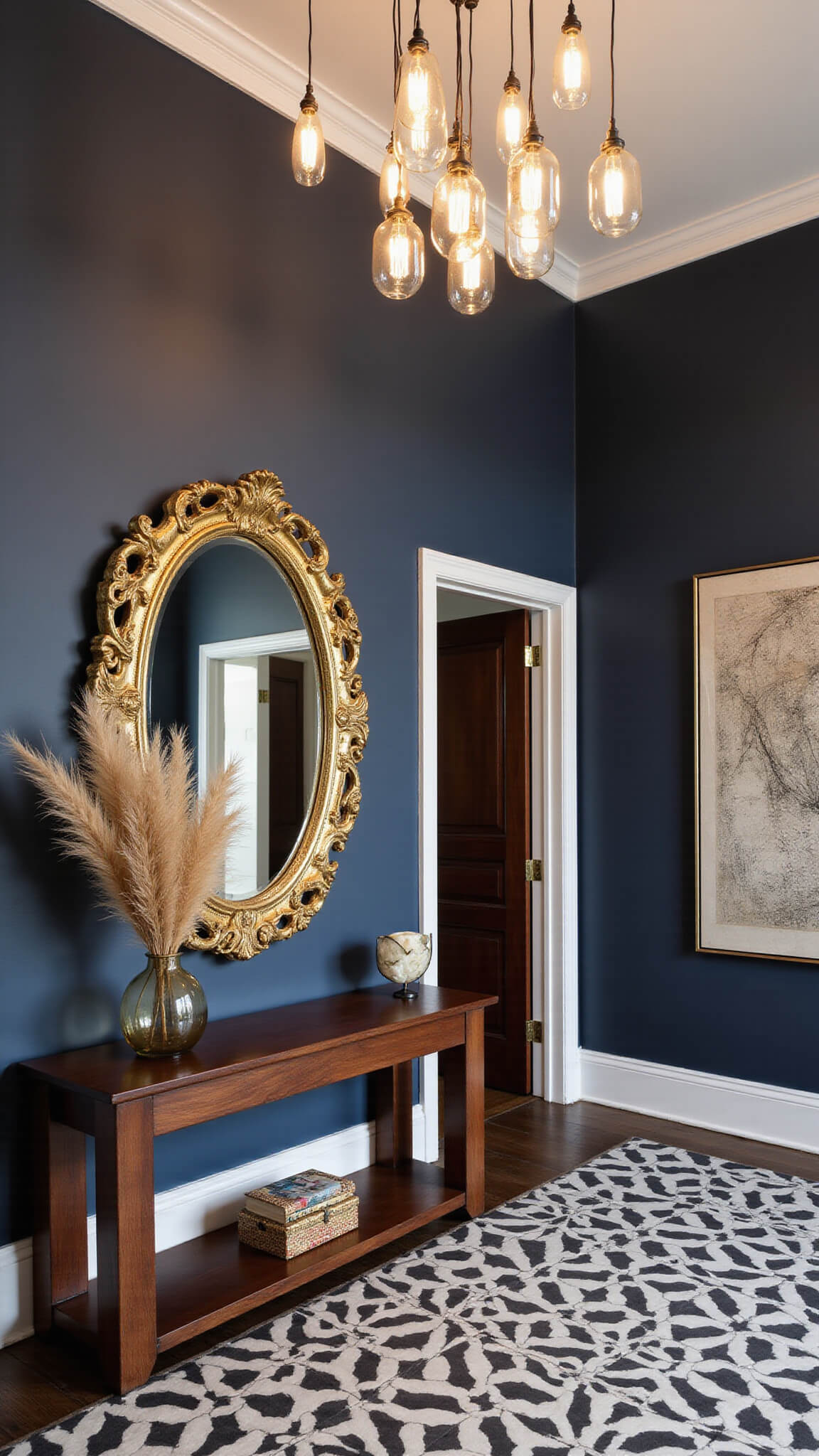 Dramatic navy blue entryway with 14-foot ceilings, blown glass pendant lights, round gold-framed mirror, dark walnut console with pampas grass, black-and-white geometric tile floor, and bold modern art.