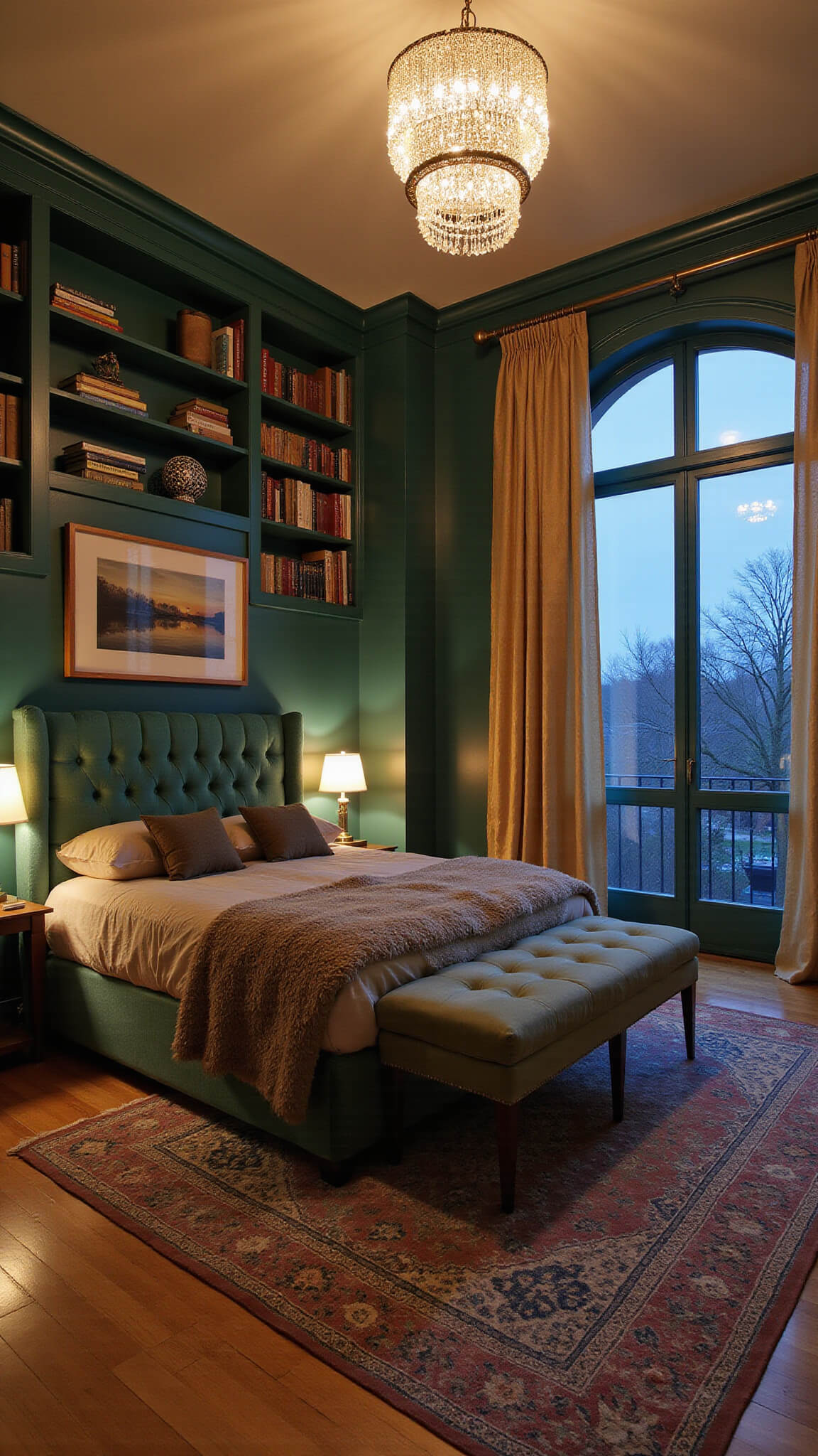 Luxurious master bedroom at dusk with emerald velvet king bed, layered bedding, built-in emerald bookshelves, sheer gold curtains, Moroccan rug, and warm lighting from sconces and chandelier.